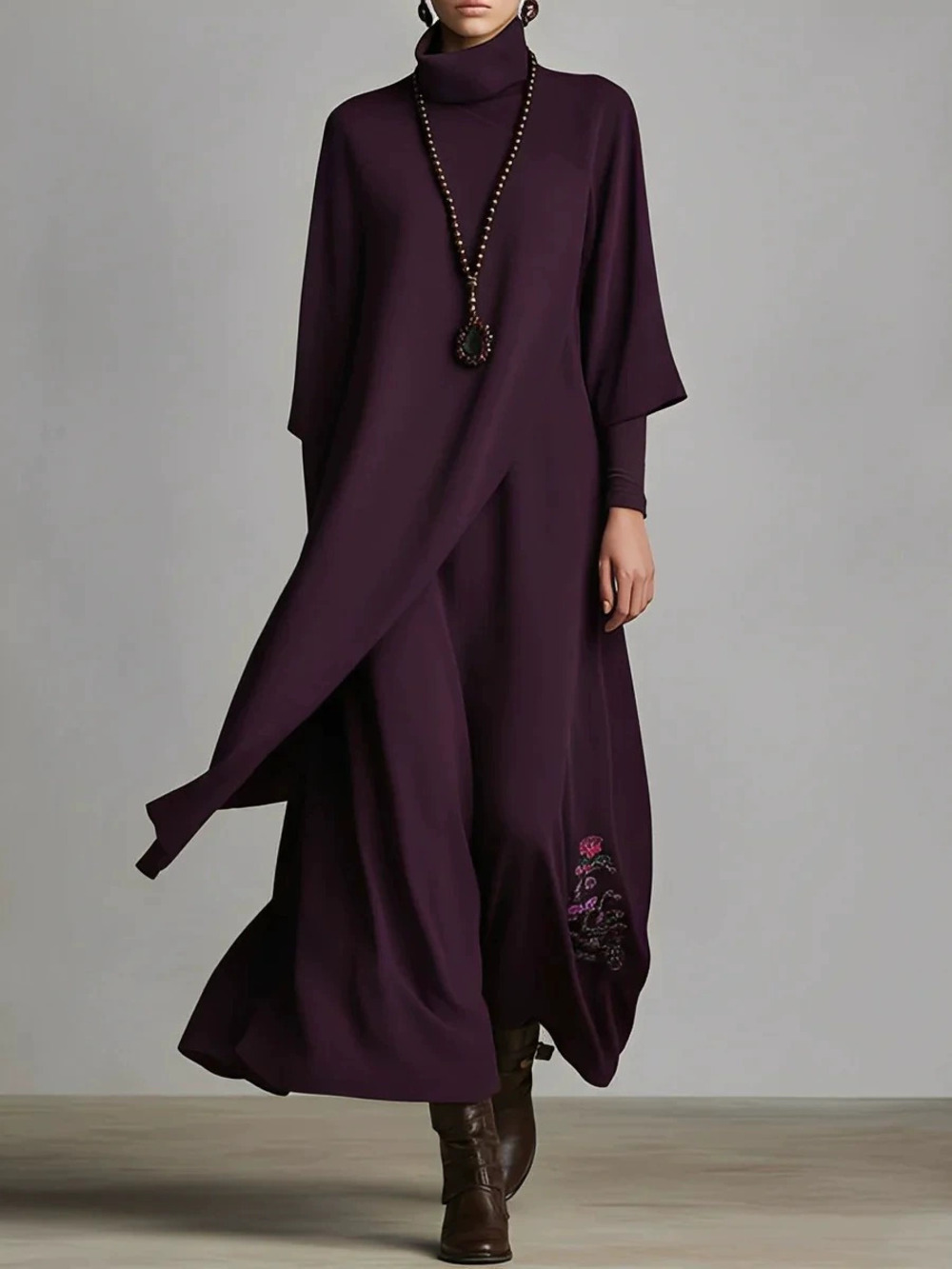 ZARA Asymmetric Embroidered Long Sleeve Loose Cinched Waist Maxi Dress Autumn